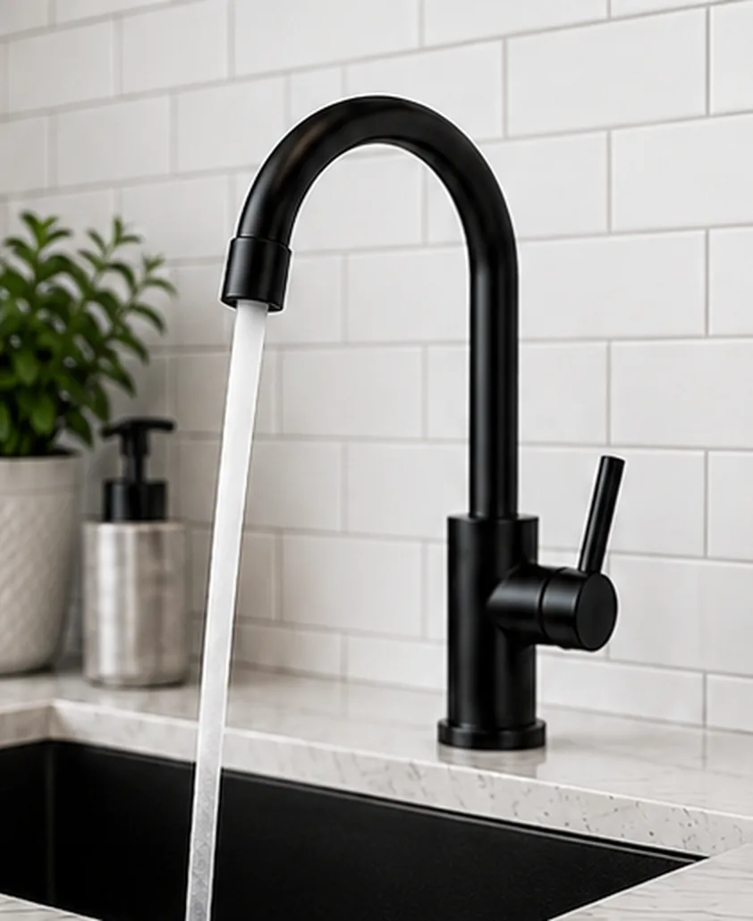 Newly installed matte-black kitchen faucet running over a black composite sink